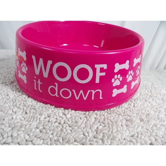 Greenbrier Kennel Club Pink Dishwasher Safe Woof It Down Round Pet Bowl - Picture 2 of 5